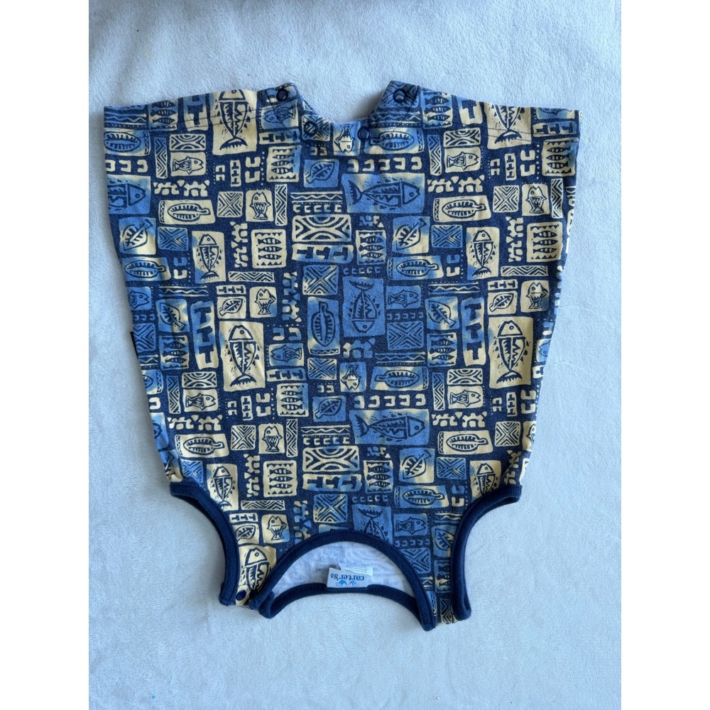 Carters Vintage Blue Yellow Geometric Fish Print Sleeveless Romper 9-12M - Picture 8 of 8